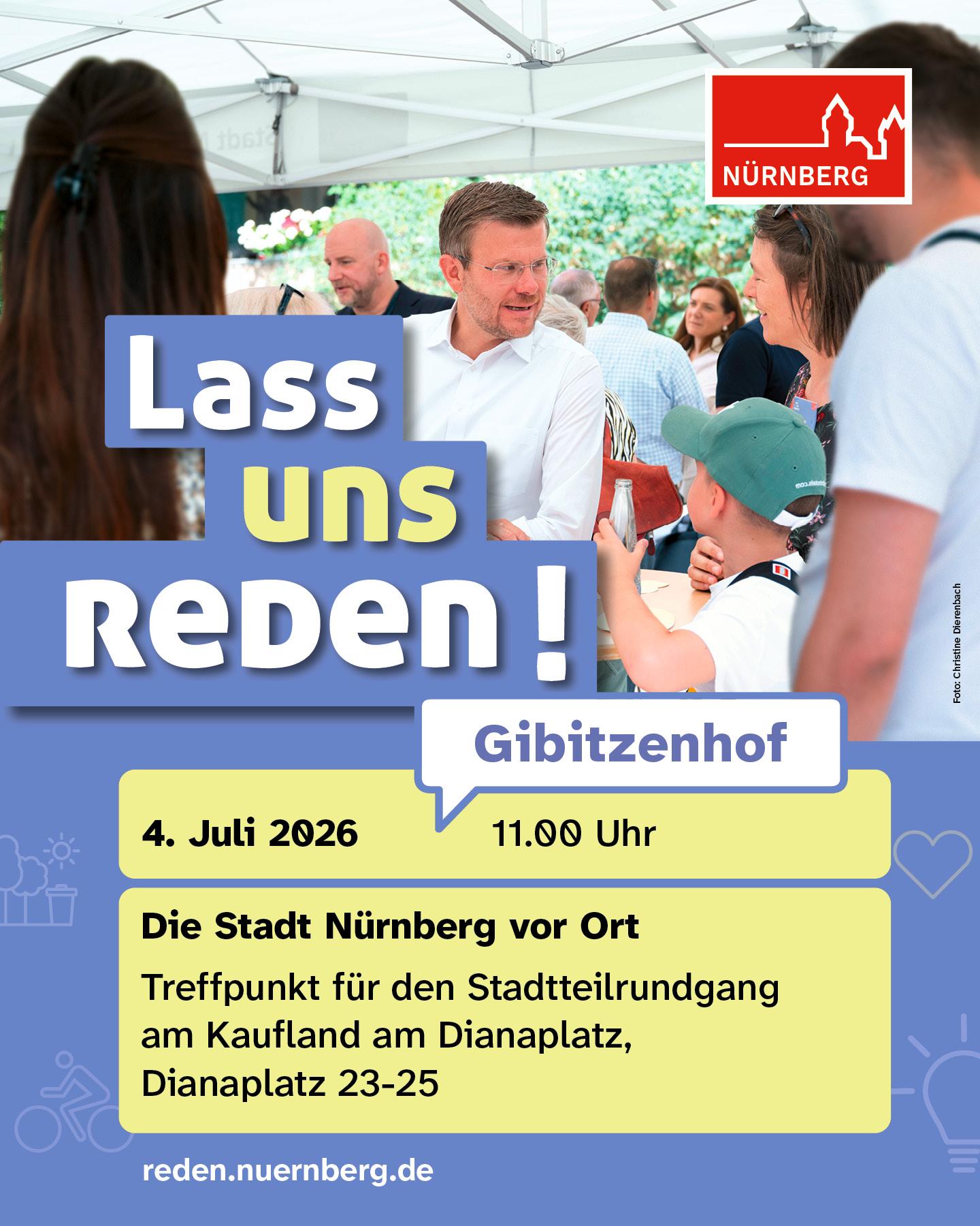 Plakat der Stadt Nürnberg „Lass uns reden!“ für Stadtteilrundgang am 4. Juli 2026 in Gibitzenhof, mit Menschen im Gespräch.